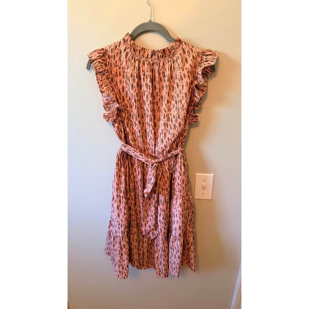 Pink high neck  ruffle sleeve printed dress